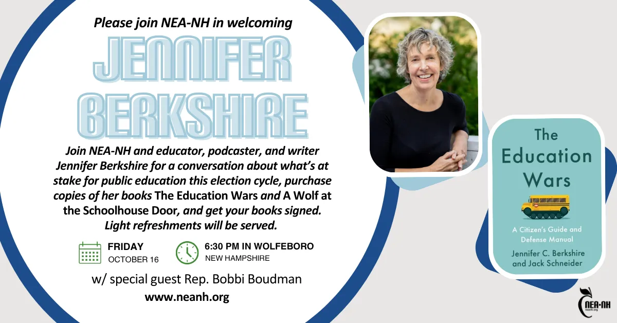 A promotional graphic for the Jennifer Berkshire event on Friday, October 16 in Wolfeboro