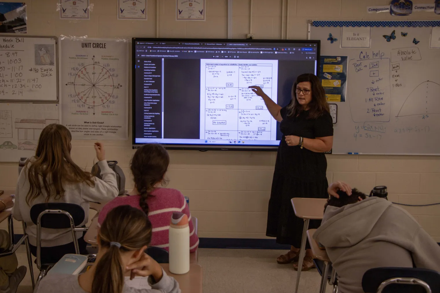 Jennifer McDonald in front of her high school math classroom