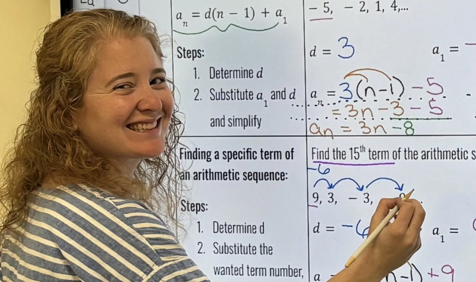 2027 NH Teacher of the Year Finalist Christa Powers works mathematical equations on a classroom whiteboard.