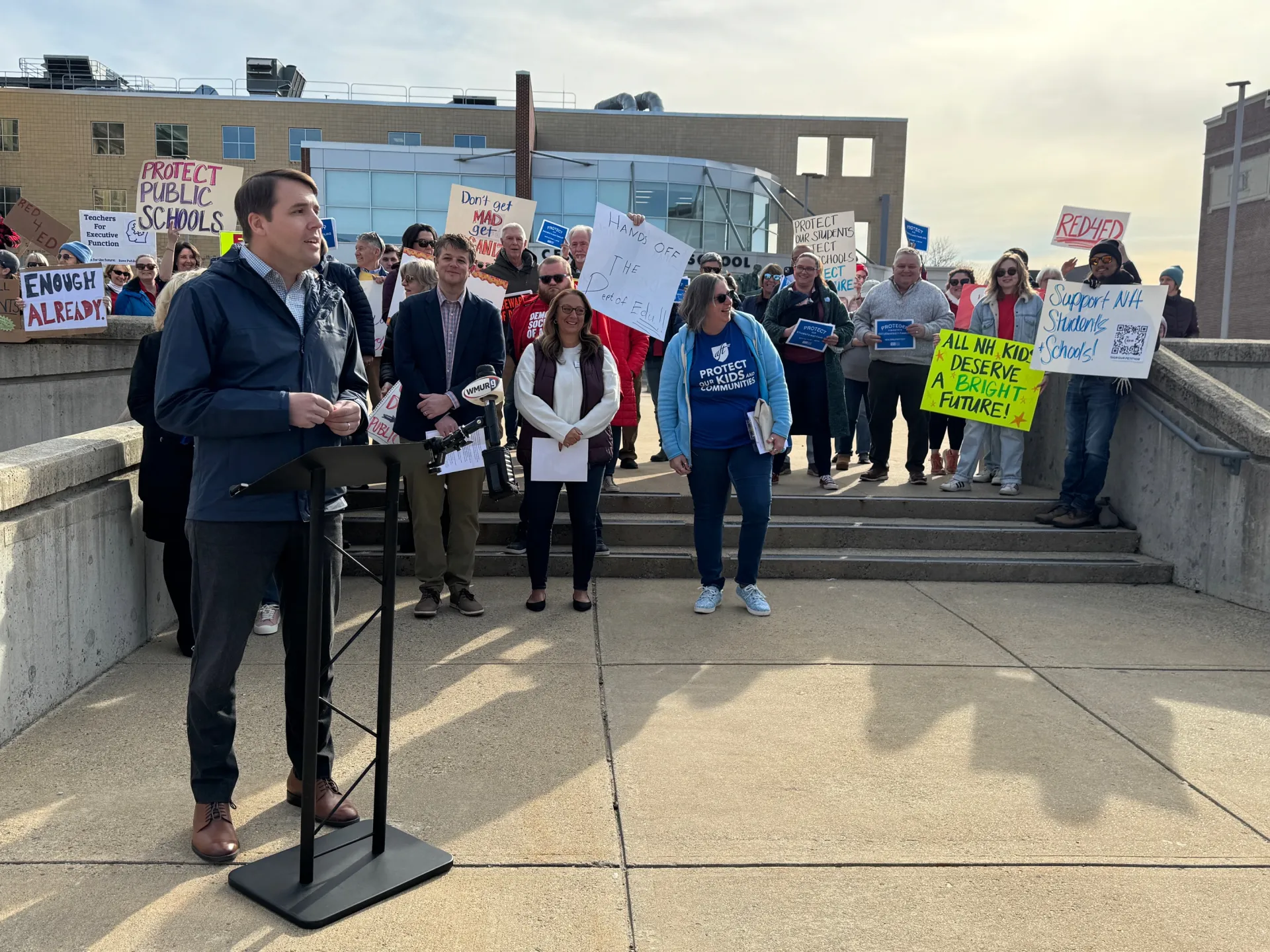 Congressman Chris Pappas speaks at a pro-public education rally in Manchester.
