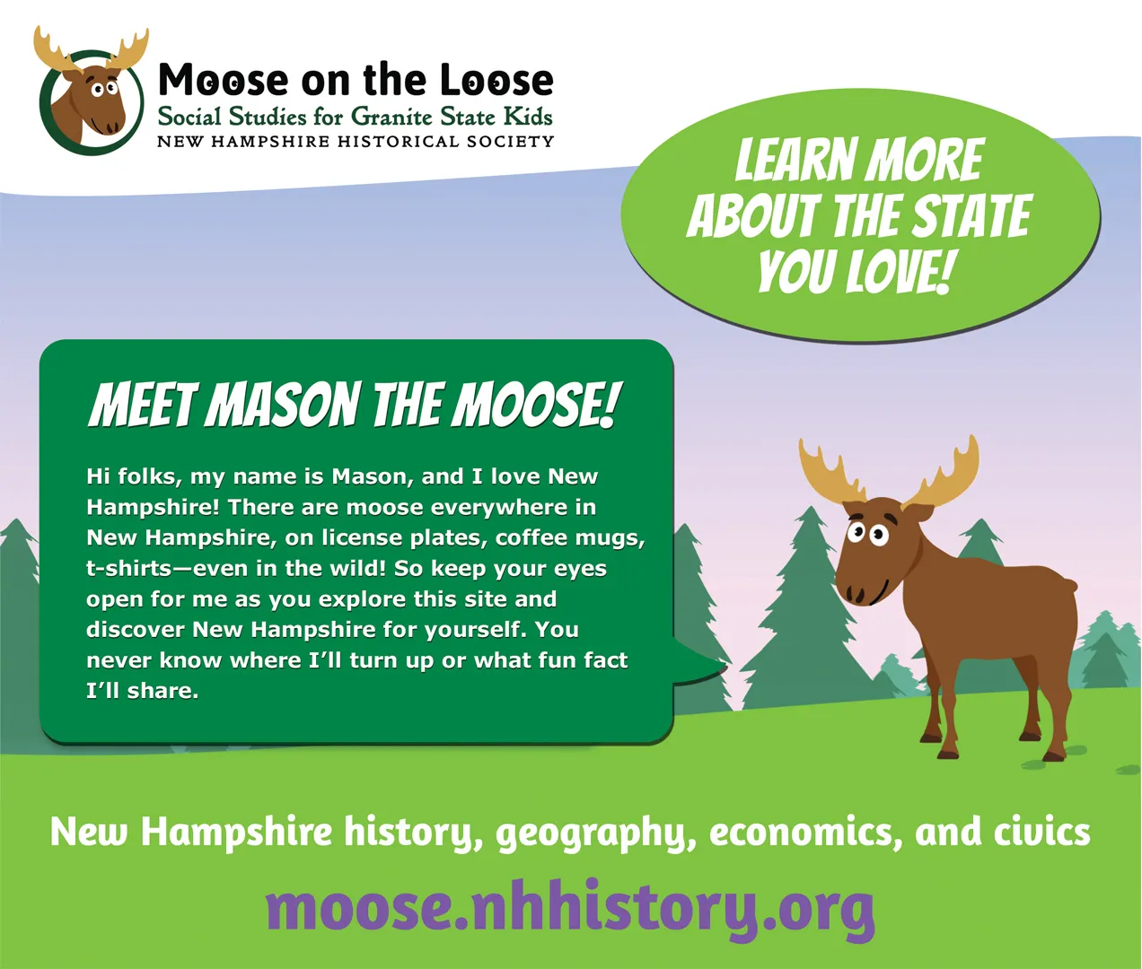 A promotional flyer for NH Historical Society Moose on the Loose professional development programs