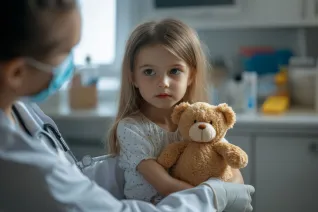 A child, holding a teddy bear, during a doctor's visit.